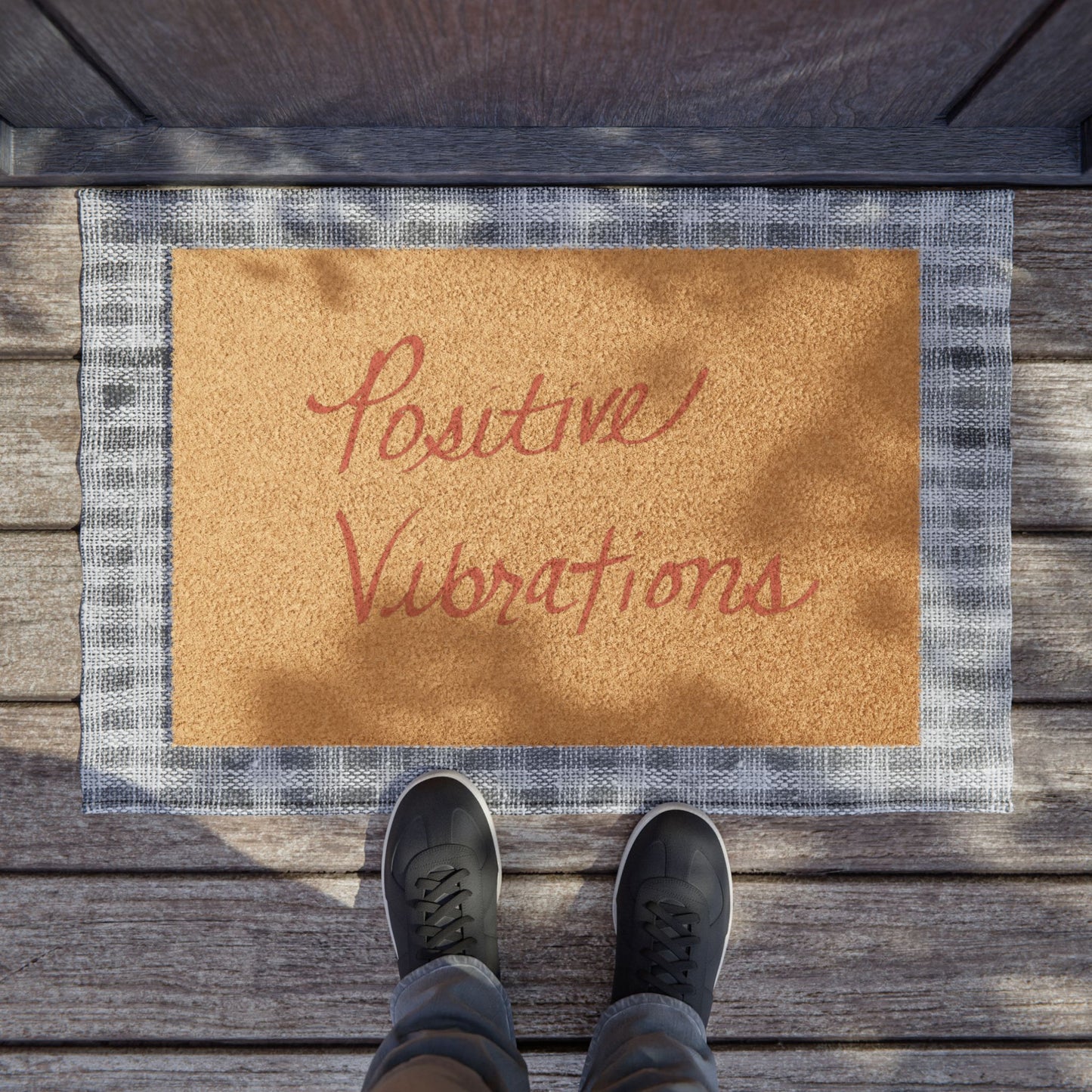 “Positive Vibrations” Natural Coir Doormat – Red Script