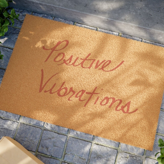 “Positive Vibrations” Natural Coir Doormat – Red Script